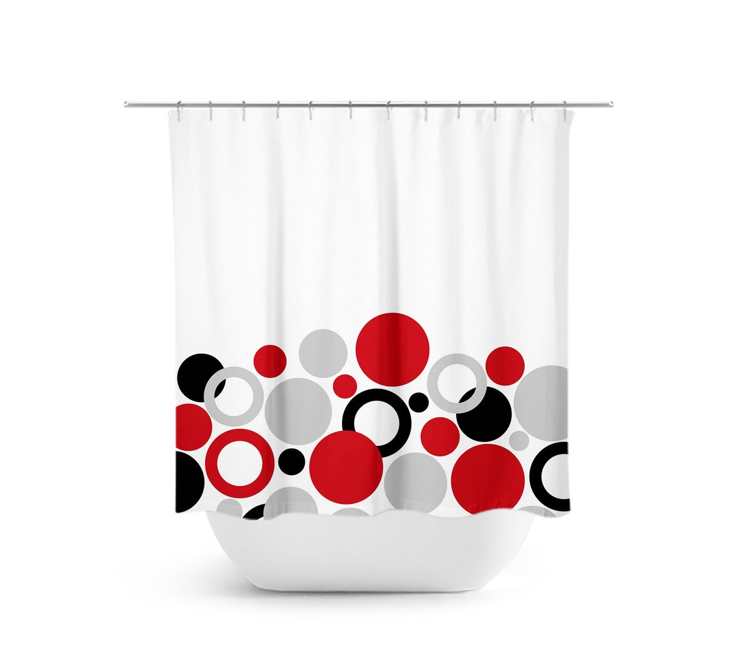 Red Black Gray Shower Curtain, Geometric Bath Curtain, Gray Bathroom