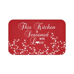 This Kitchen Is Seasoned with Love, Floral Mat, Red Ivy Kitchen Floor Mat, Memory Foam Kitchen Mat, Red Kitchen Decor - MAT69