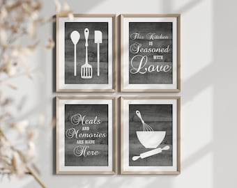 Modern Farmhouse Kitchen Wall Art Prints, This Kitchen is Seasoned with Love Quote Gray Canvas Set - HOME854