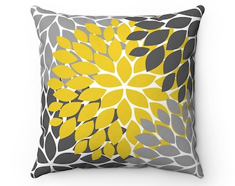 Yellow Gray Flower Pillow Cover, Throw Pillow, Modern Home Decor, Accent Pillow, Couch Cushion, Floral Rocking Chair Nursery Pillow - PIL140