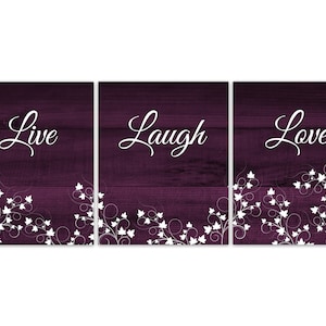 Plum Home Decor, Live Laugh Love Purple Rustic Wall Art Print or Canvas, Set of 3 Ivy Artwork, Purple Bedroom Decor - HOME701