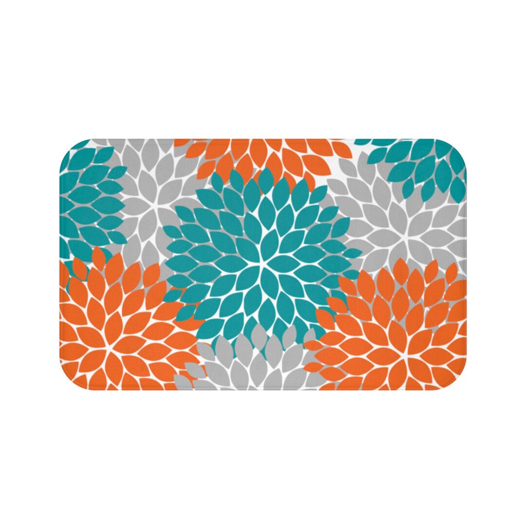 Orange & Teal Bath Mat, Floral Bathroom, Flower Burst Orange Bathroom