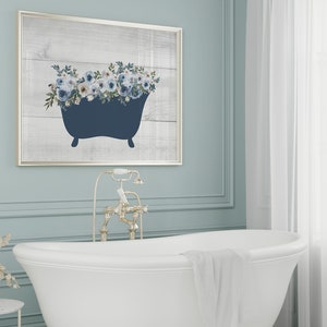 Gray Farmhouse Bathroom Canvas or Wall Art Print, Blue Bathroom Floral Bathtub Art Decor, Shabby Chic Bathroom Decor - BATH577