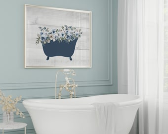 Gray Farmhouse Bathroom Canvas or Wall Art Print, Blue Bathroom Floral Bathtub Art Decor, Shabby Chic Bathroom Decor - BATH577