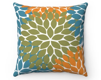 Outdoor Pillow, Orange Blue Green Floral Throw Pillow, Porch Pillow, Patio Accent Pillow - OPIL314B