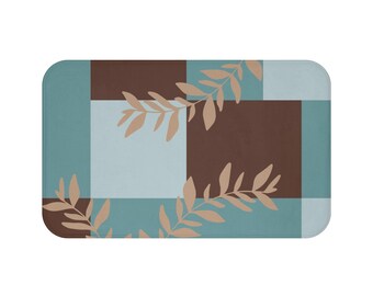 Brown Blue Bath Mat, Teal Bathroom, Soft Memory Foam Teal Kitchen Floor Mat and Indoor Entry Mat, Color Block Geometric Floor Mat - MAT207