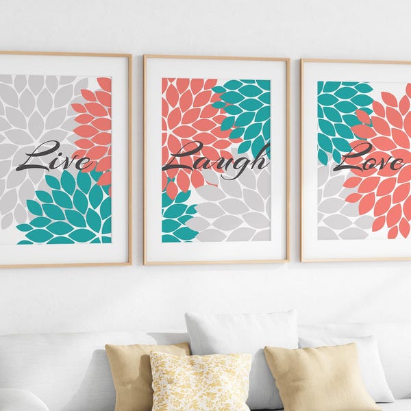Home Decor Wall Art, CANVAS, Live Laugh Love, Coral Wall Art, Flower Burst Bathroom Wall Decor, Coral and Teal Bedroom Wall Art - HOME56