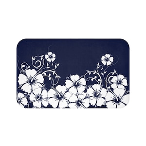 Hibiscus Floor Mat, Memory Foam Bathroom Mat, Blue Bathroom Floor Mat, Blue Kitchen Floor Mat, Entryway Mat - MAT24