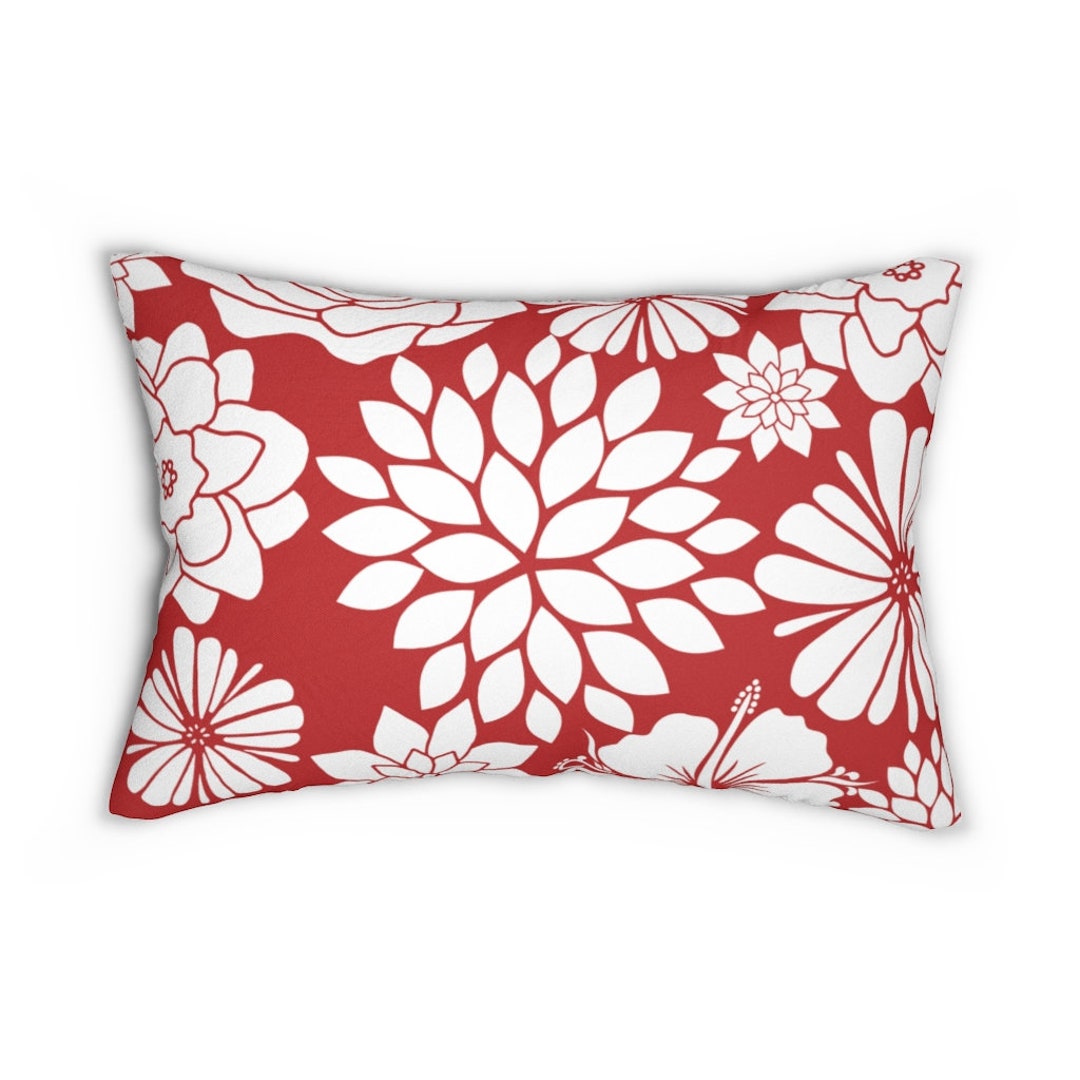 Red and White Floral Lumbar Pillow, Decorative Pillow, Flower Burst
