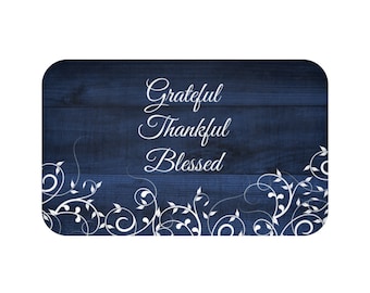 Blue Kitchen Floor Mat, Grateful Thankful Blessed, Memory Foam Farmhouse Kitchen Mat, Indoor Entryway Mat - MAT97