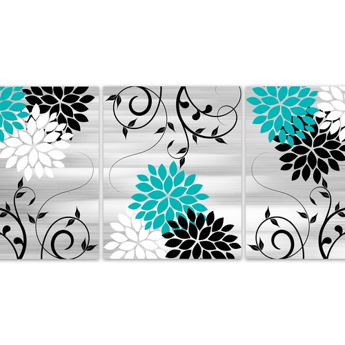 Black and Teal Wall Decor Flower Burst & Scroll Art Bathroom Etsy
