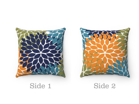Green Blue Orange Flower Burst Throw Pillow Green Pillow Blue Floral Accent Pillow Orange and Blue Decorative Pillow PIL312 Etsy Canada