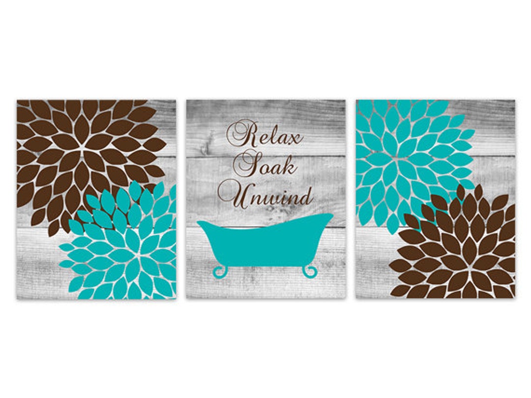 Brown and Teal Bathroom CANVAS Decor, Relax Soak Unwind Claw Tub Bath Art, Flower Bathroom Art