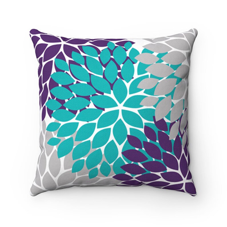 Purple Teal Gray Pillow Cover Flower Throw Pillow Case Aqua Etsy