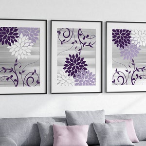 Silver and Purple Wall Decor, Purple and Gray Flower Burst Art, Home Decor Wall Art Prints or Canvas, Purple Bathroom Wall Decor - HOME838