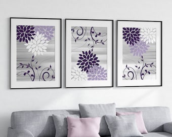 Silver and Purple Wall Decor, Purple and Gray Flower Burst Art, Home Decor Wall Art Prints or Canvas, Purple Bathroom Wall Decor - HOME838
