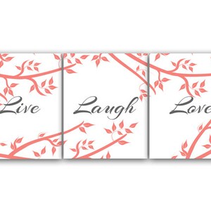 Home Decor Wall Art CANVAS, Live Laugh Love, Coral Wall Art,  Bathroom Wall Decor, Coral and Grey Bedroom Wall Art - HOME79