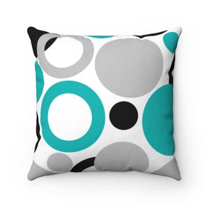 Black Teal Gray & White Throw Pillow Cover, Geometric Circle Pillow, Polka Dot Decorative Pillow, Retro Home Decor - PIL205