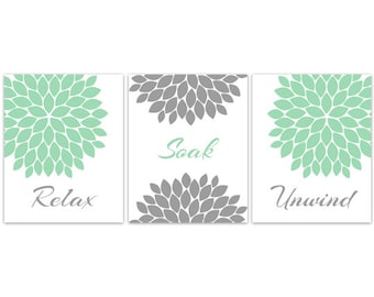 Relax Soak Unwind, Bathroom CANVAS Wall Art, Mint and Grey Bathroom Decor, Modern Bathroom Art, Set of 3 Bath Art Prints - BATH82