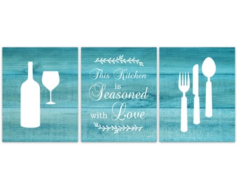 This Kitchen is Seasoned with Love, Rustic Kitchen CANVAS, Aqua Kitchen Decor, Farmhouse Kitchen Wall Art Prints, Fork Spoon Knife - HOME448
