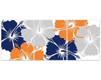 Orange and Blue Hibiscus Artwork, Home Decor CANVAS or PRINTS, Home Decor Wall Art, Bathroom Wall Decor, Navy Orange Bedroom Decor - HOME665