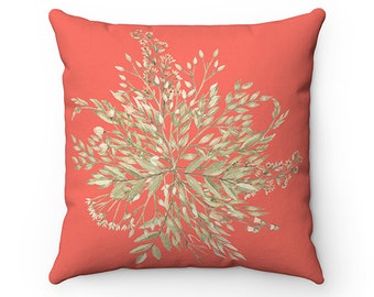 Orange and Green Floral Outdoor Pillow, Peach Color Pillow, Water Resistant Porch Patio Garden Bench Pillow - OPIL84