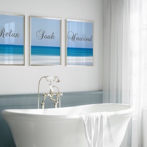 Relax Soak Unwind Bathroom PRINTS or CANVAS, Ocean Bathroom Decor, Beach Bathroom Art Print, Set of 3 Blue Bathroom Wall Art - BATH150