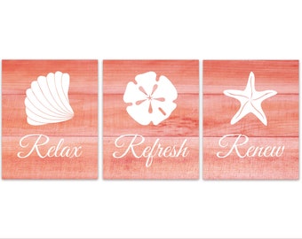 Coral Bathroom CANVAS, Relax Refresh Renew, Rustic Bathroom Decor, Sea Shells, Beach House Bathroom, Sand Dollar, Starfish Art - BATH206