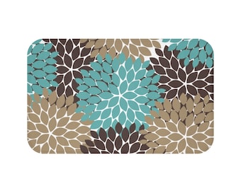 Teal Brown Beige Bath Mat, Floral Bathroom, Aqua Bathroom, Memory