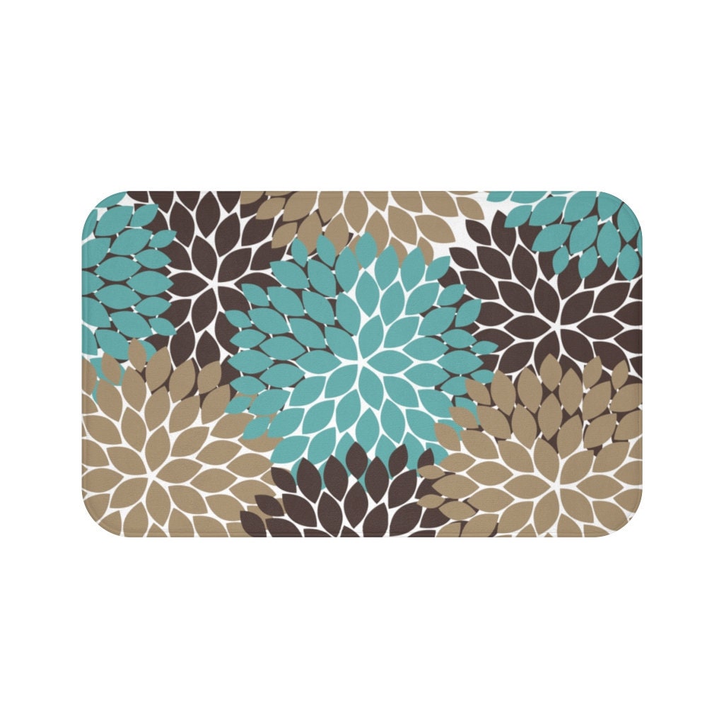 Teal Brown Beige Bath Mat, Floral Bathroom, Aqua Bathroom, Memory