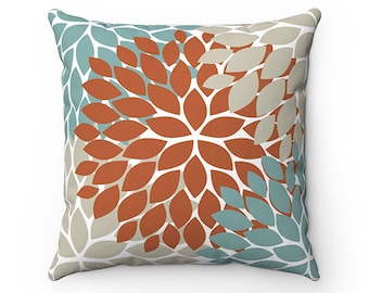 OUTDOOR PILLOW, Burnt Orange and Blue Floral Pillow, Outdoor Accent Pillow, Porch Pillow, Patio Pillow - OPIL79