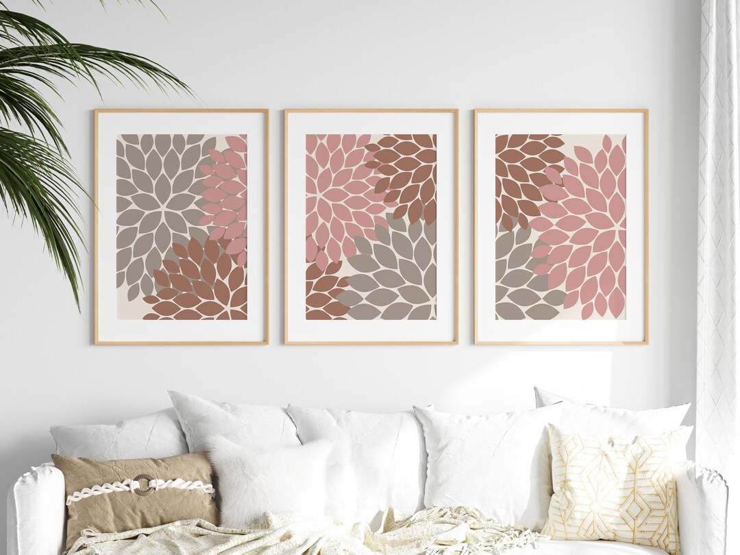 3 Panel Floral Wall Art Set, Pink and Brown Neutral Minimalist Flower ...