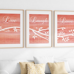 Home Decor CANVAS, Live Laugh Love, Coral Wall Art, Bathroom Wall Decor, Wood Effect Art, Tree Branch Art, Coral Bedroom Decor - HOME151