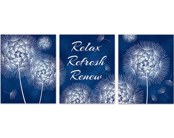 Relax Refresh Renew, Dandelion CANVAS Art PRINTS, Navy Blue Bathroom Wall Art, Dandelion Bathroom Decor, Set of 3 Bath Art Prints - BATH122