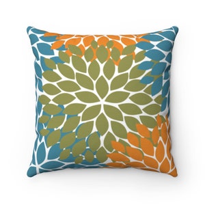 Orange Teal Green Flower Burst Throw Pillow, Green Pillow, Teal Floral Accent Pillow, Orange and Blue Decorative Pillow - PIL314