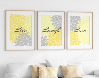 CANVAS and PRINTS Home Decor Wall Art, Live Laugh Love, Yellow Flower Burst Bathroom Decor, Yellow Grey Bedroom Framed Wall Art - HOME54