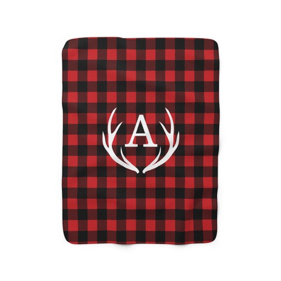 Red Plaid Blanket With Deer Antler and Monogram, Red Black Sherpa