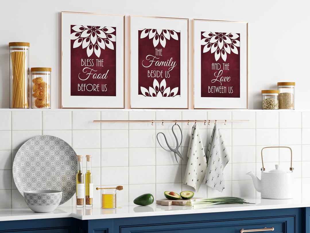 Burgundy Kitchen Wall Art Print Set of 3, Bless the Food Before Us Meal ...