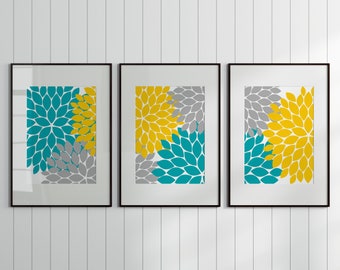 Yellow Teal Grey Flower Burst Art, Home Decor Wall Art CANVAS and PRINTS, Bathroom Wall Decor, Turquoise Yellow Bedroom Decor - HOME458