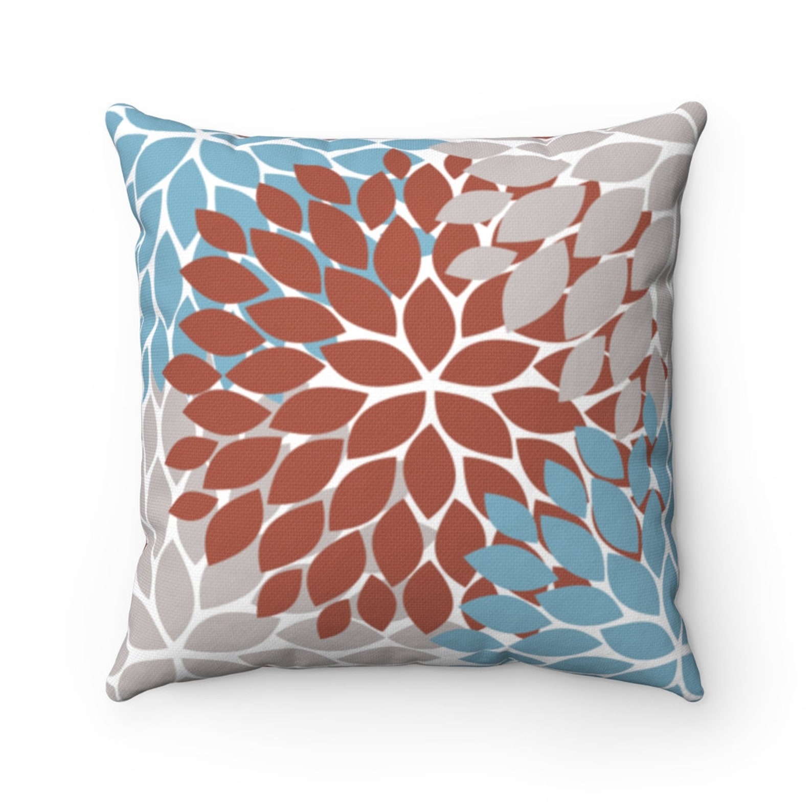 Burnt Orange Blue Gray Decorative Pillow Flower Burst Pillow Etsy