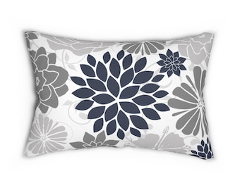 Floral Outdoor Pillow, 14x20 Blue Gray Lumbar Pillow for Porch and Patio Chairs, Colorful Flower Cushion for Outdoor Decor - OLBR5