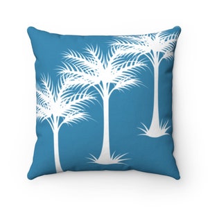 Palm Tree Decorative Pillow Cover, Blue Throw Pillow, Tropical Decor, Beach House Decor Blue Accent Pillow - PIL194