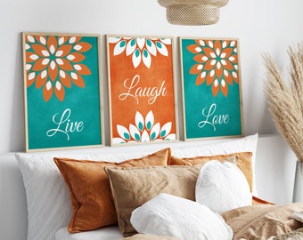 Live Laugh Love Home Decor, Orange Teal Flower Wall Art Prints, Teal Bedroom, Orange Bathroom Art, Teal Orange Living Room - HOME831