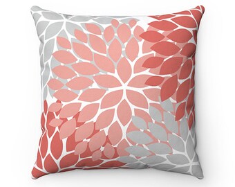 Coral Pillow Cover, Flower Burst Pillow Cover, Square Throw Pillow Cover, Accent Pillow, Modern Home Decor, Coral Nursery Pillow - PIL21