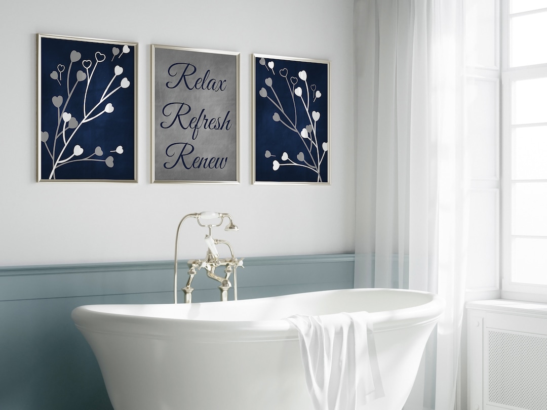 Blue Bathroom Art Prints, Set of 3 Bathroom Canvas Art Relax Refresh ...