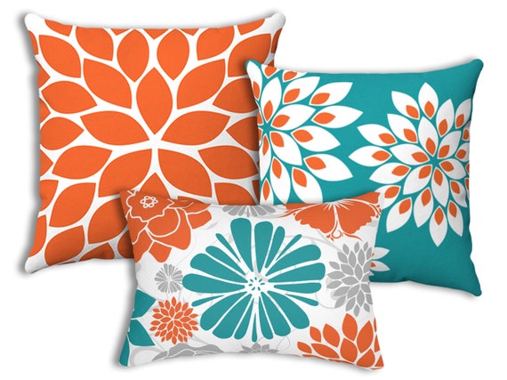 Orange Throw Pillow Combo for Couch Bed Sofa Set of 3 Orange and Teal Floral Pattern Accent Pillows Etsy Canada