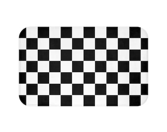Checkered Black and White Bath Mat, Trendy Check Pattern Kitchen Floor Mat, Non Slip Shower Mat - MAT213