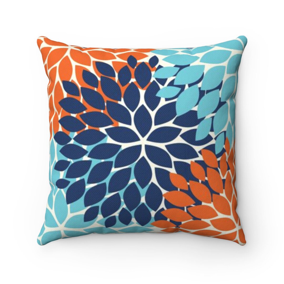 OUTDOOR PILLOW, Orange & Blue Floral Pillow, Outdoor Accent Pillow