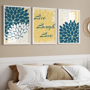 Home Decor Wall Art CANVAS, Live Laugh Love, Yellow and Blue Art, Flower Burst Bathroom Wall Decor, Blue and Yellow Bedroom Decor - HOME30 image 1