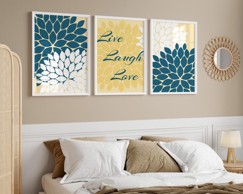 Home Decor Wall Art CANVAS, Live Laugh Love, Yellow and Blue Art, Flower Burst Bathroom Wall Decor, Blue and Yellow Bedroom Decor - HOME30 image 1